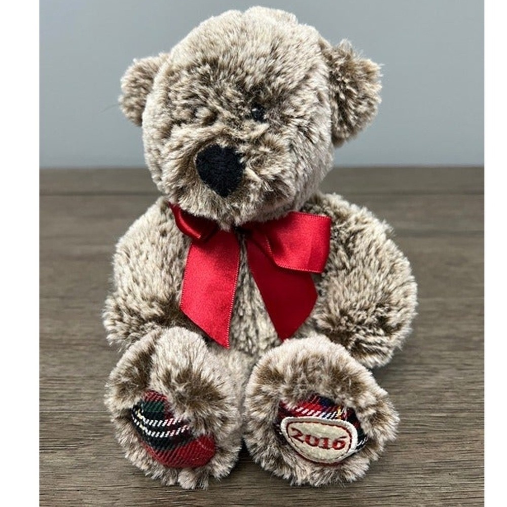 Animal Adventure 2016 Holiday Teddy Bear Brown Plush Red Bow Plaid Foot 7"
